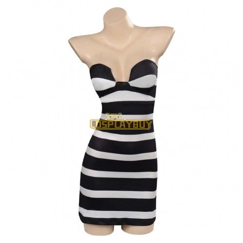 Movie Barbie 2023 Margot Robbie Barbie Black And White Stripes Strapless Dress Cosplay Costume